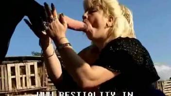 Voluptuous blonde cougar attempts to bang with a massive horse