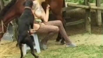 Blonde MILF with cropped hair in a trio involving various animals