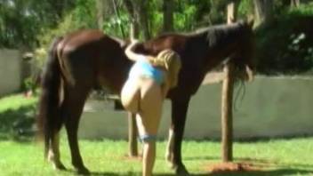 Adorable blondie poses naked and masturbates in front muscled horse