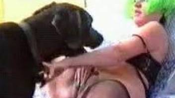 Green-haired chick in corset and stockings fucked by dog
