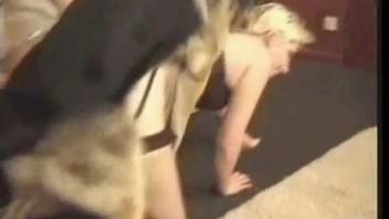 Blonde in fishnet stockings gets tied by an aroused canine