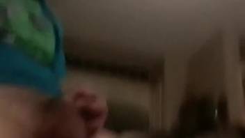 Careful pup lapping at a man's bushy dick in front of the camera