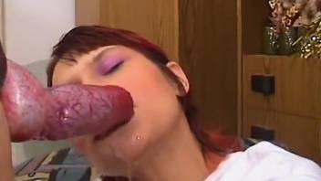Redheaded veterinarian gets fucked by a hung dog