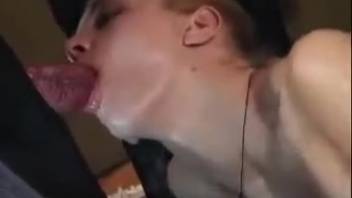 Blonde cutie in nylons receives deepthroat from a canine