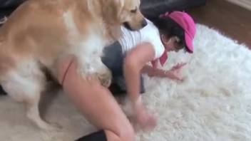 Brunette in a thong gets roughly pounded by a handsome canine