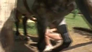 Sexy woman guides merciless horse penis towards her fanny