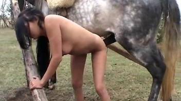 Naked woman inserts huge horse dick in both holes