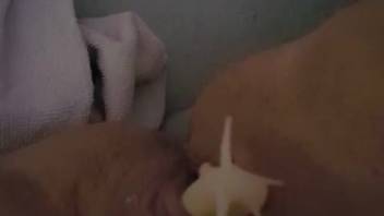 Lady slips a snail into her vagina for frantic solo play