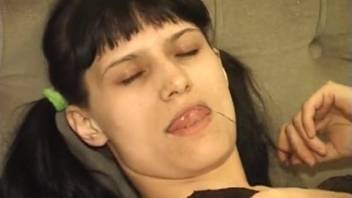 Hot chick with bushy pussy fucks large lazy hound